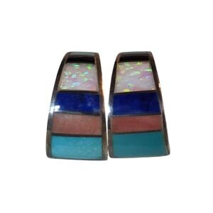 Zuni Sterling Silver Multi-Stone Inlay Half Hoop Earrings Opal Lapis Coral